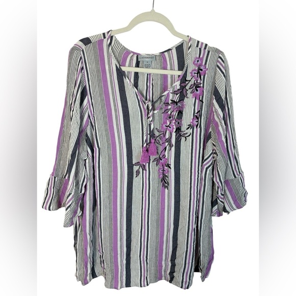 Catherine’s Tunic Top Floral Embroidered Striped Tasseled 1X - Picture 1 of 13